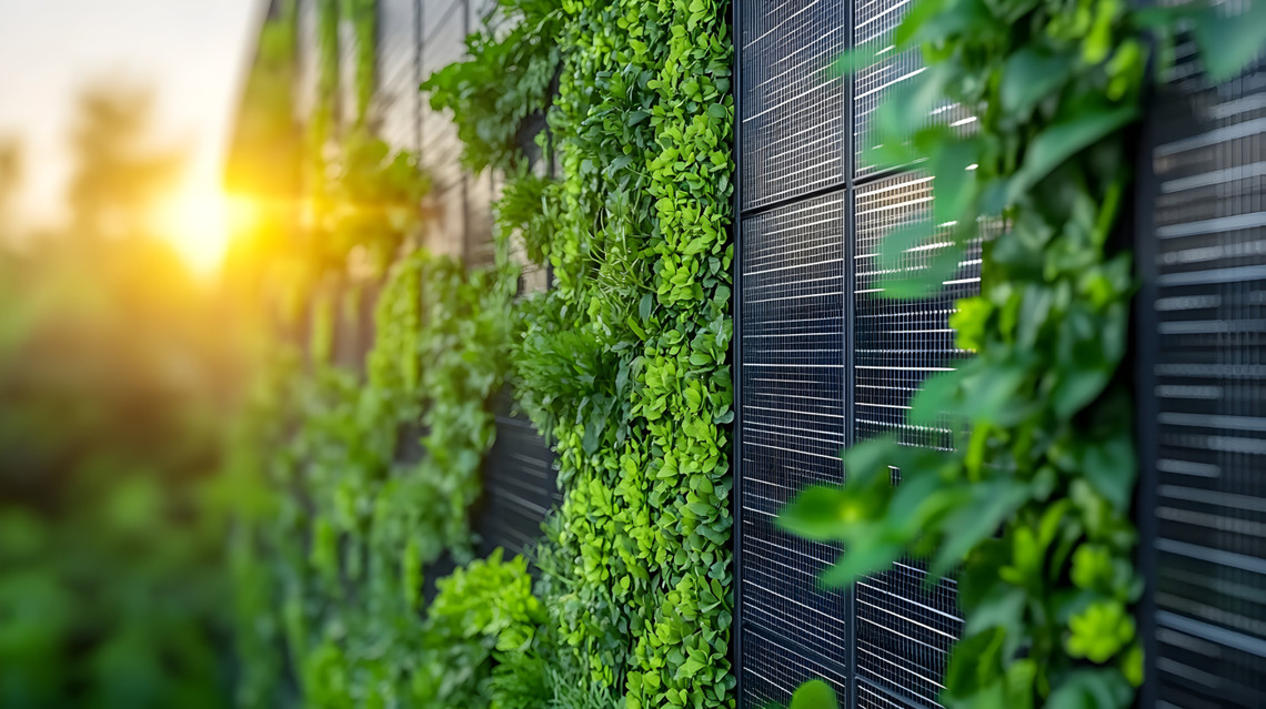 Vertikaler Garten neben einer Solaranlage bei Sonnenuntergang – Symbolbild für nachhaltige Energie und umweltfreundliches Bauen