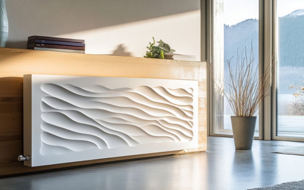 Eine eleganter, moderner Heizkörper mit wellenförmigem Design in einem stilvollen Wohnzimmer mit natürlichem warmem Licht, dass durch ein großes Terrassenfenster fällt.